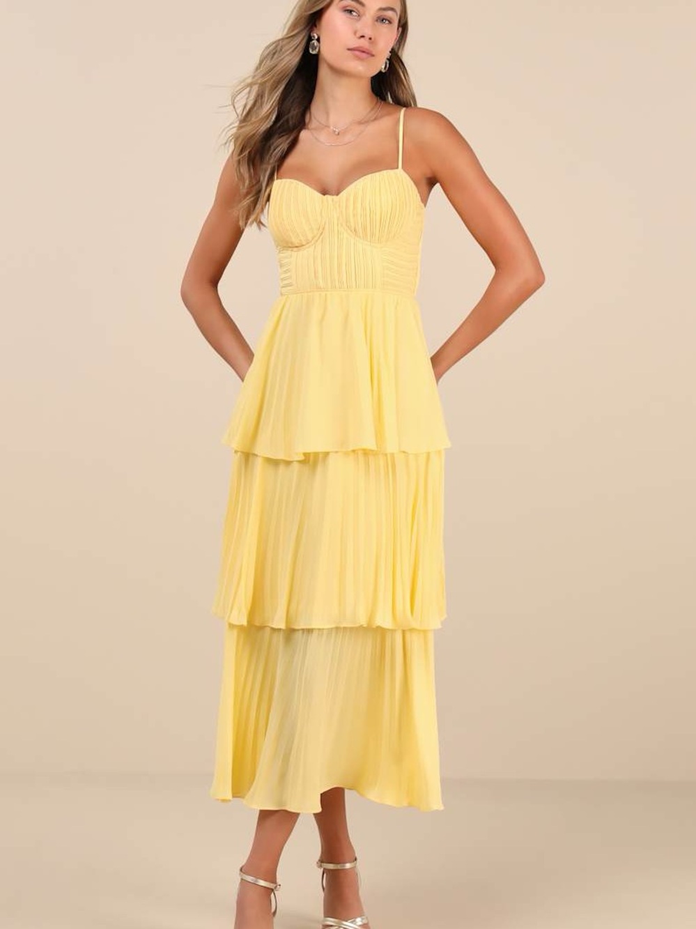 Nwt Lulus Cascading Crush Yellow Tiered Bustier Midi Dress Yellow
